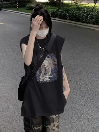纯棉吊带背心无袖t恤女2024新款夏外穿美式复古宽松港风挂脖上衣图片