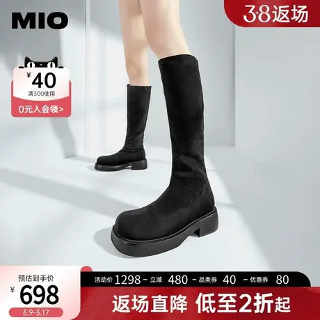 MIO米奥冬弹力靴圆头针织袜靴经典骑士靴黑色长筒靴女厚底瘦瘦靴商品大图