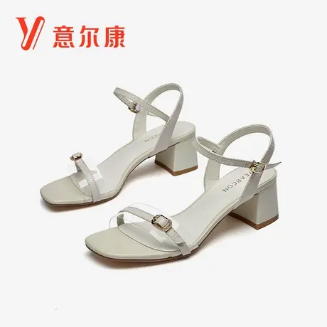 意尔康女鞋官方旗舰店凉鞋女夏季法式一字带搭扣粗跟方头断码图片