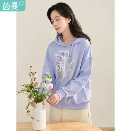 【商场同款】茵曼2023春女装新款时尚百搭绣花印花连帽纯棉卫衣图片