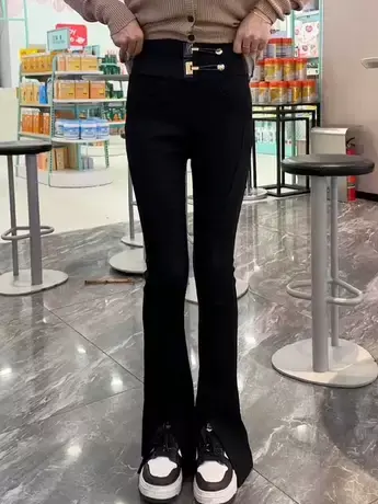微喇叭裤子女高腰显瘦2023新款秋季开叉阔腿裤黑色薄款外穿打底裤商品大图