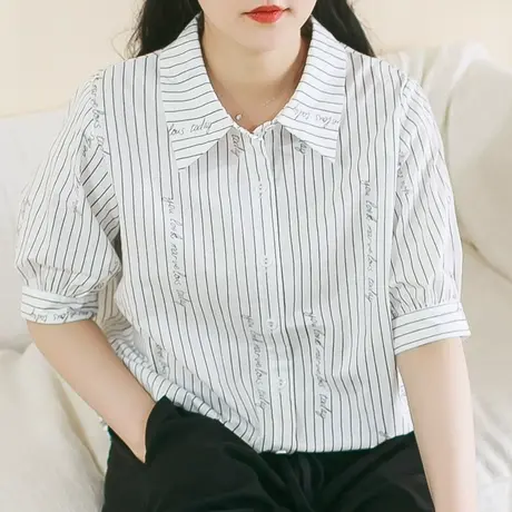 胖妹妹夏季2023新品棉质条纹短袖衬衫 加大码学院风宽松显瘦衬衣商品大图