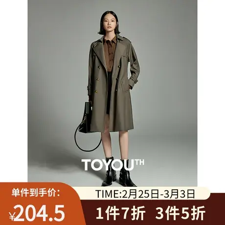 TOYOUTH初语英伦双排垂感风衣女2023秋季新款浅军绿中长款外套图片