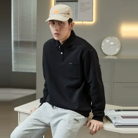 唐狮长袖Polo衫男春秋季贴标宽松运动POLO领卫衣翻领长袖T恤潮图片
