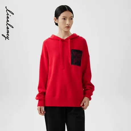 LANCY/朗姿2024春季新款宽松长袖连帽羊毛针织卫衣女简约设计上衣图片