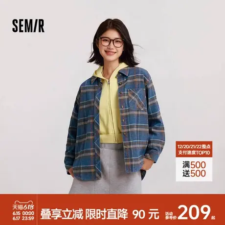 [商场同款]森马牛仔衬衫女中长款宽松保暖2024新款雪尼尔格纹冬装图片