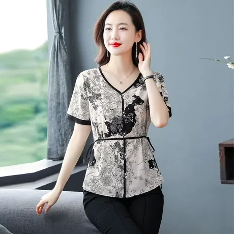 夏季短袖雪纺衫女2023年新款洋气V领收腰显瘦遮肚女上衣夏天薄款图片