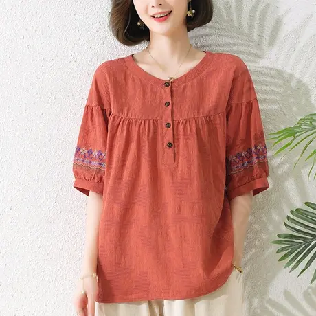 中年妈妈短袖t恤女夏季新款加肥加大码女装宽松全棉文艺半袖上衣商品大图