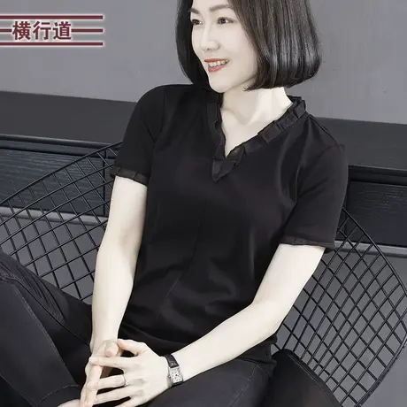 2023夏季新款简约休闲纯色V领雪纺拼接宽松短袖T恤女大码外穿上衣图片