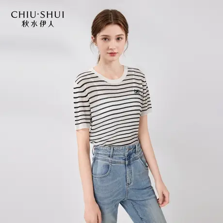 【悟空粉丝专享】秋水伊人时尚条纹针织衫夏女装撞色圆领短袖上衣图片