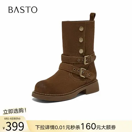 百思图2025冬季新款真皮扣带复古西部靴圆头粗跟女短靴W6888DZ5商品大图