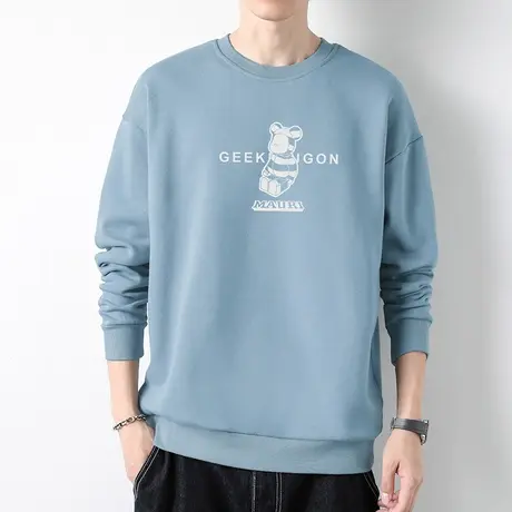 男士卫衣春秋款潮牌小熊印花无帽上衣加绒青少年宽松圆领长袖t恤商品大图