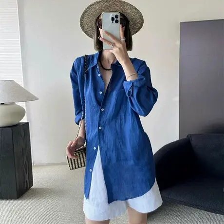 韩版蓝色宽松防晒百搭廓形衬衫女2025夏季新款oversize衬衣外套商品大图