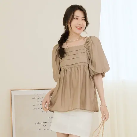 桔熊夏季法式复古前后两穿泡泡袖伞摆宽松方领上衣女大码AB18884商品大图