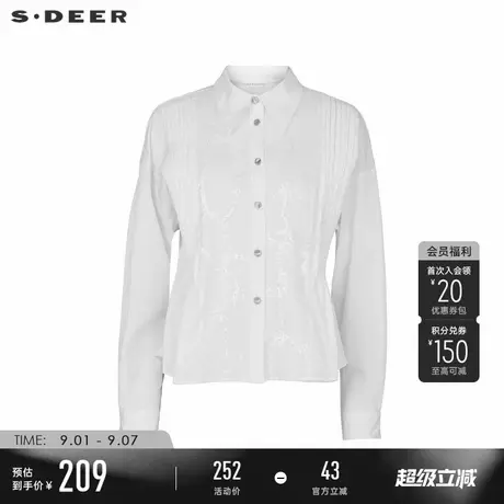 sdeer圣迪奥春秋装女装复古翻领风琴褶网纱长袖衬衫S241Z0506图片