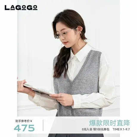LAGOGO翻领拼接落肩衬衫女拉谷谷2025秋新款文艺上衣OCSS558C12图片