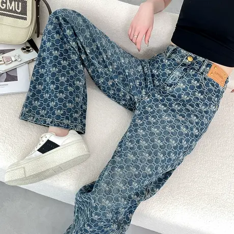 印花阔腿牛仔裤女春秋新款高腰窄版宽松显瘦设计感小众直筒拖地裤图片
