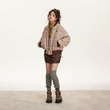 美式棒球服棉服女加厚冬季外套2023新款复古格子短款宽松棉衣棉袄图片