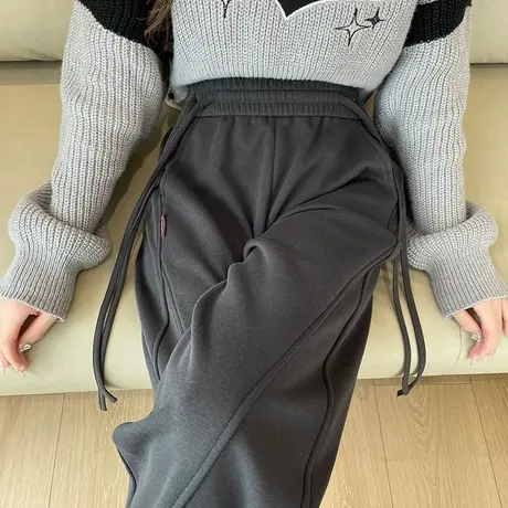 美式休闲阔腿卫裤女秋冬新款加绒加厚直筒显瘦宽松灰色香蕉运动裤图片