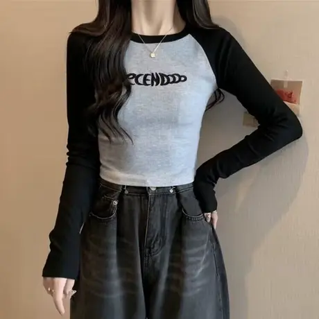 小个子短款插肩长袖T恤女秋冬德绒保暖加厚上衣内搭加绒打底衫潮商品大图