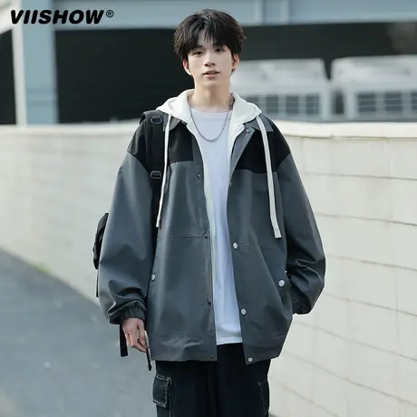 VIISHOW拼接撞色夹克男士春秋季休闲帅气连帽上衣服宽松长袖外套商品大图
