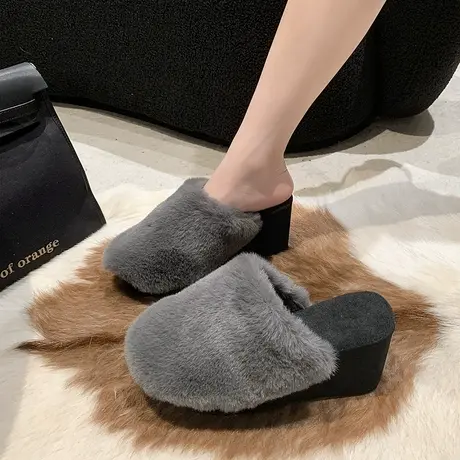 高级感毛拖鞋女2023新款秋冬外穿包头半拖鞋坡跟高跟鞋厚底毛毛鞋商品大图