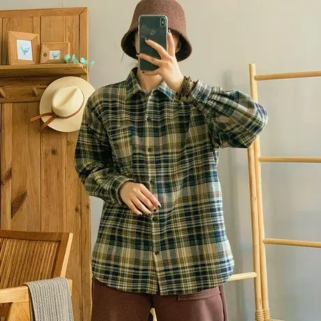 dza 复古大翻领加绒衬衫外套女秋冬外搭长袖上衣宽松显瘦格子衬衣图片