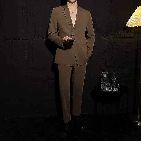 明星吴磊同款休闲金属钻扣西装男垂感套装潮流痞帅宽松西服两件套图片