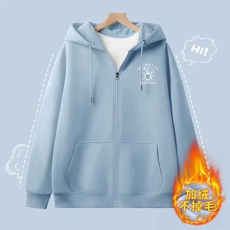 加绒加厚开衫卫衣外套女秋冬款2023年新款小个子蓝色连帽上衣冬季商品大图