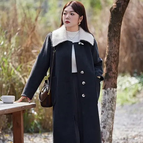 大码女装毛呢外套秋冬新款气质翻领呢子加厚长款大衣宽松显瘦胖MM商品大图