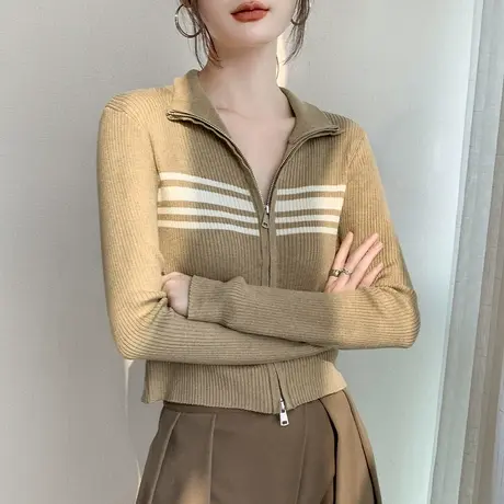韩版拉链Polo领长袖条纹针织衫女装2023秋冬新款洋气减龄羊毛外套图片