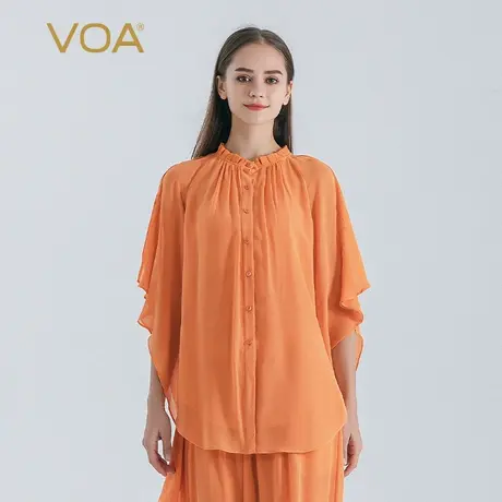 VOA杏黄色双层乔其桑蚕丝木耳边立领七分飘袖单排扣宽松真丝衬衫图片