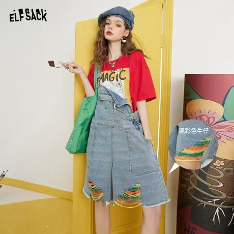 妖精的口袋破洞牛仔背带裤女2023夏季新款短裤直筒宽松设计感裤子商品大图