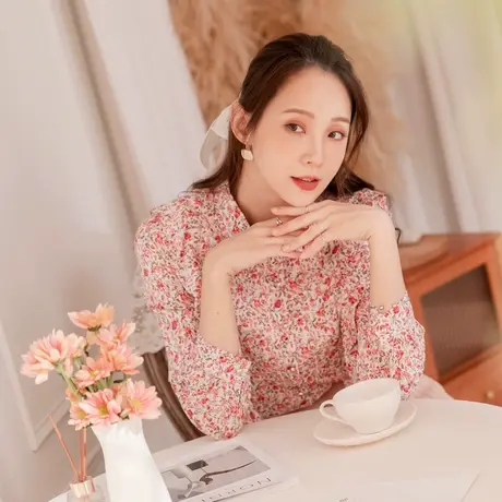 桔熊秋冬季韩版复古碎花浪漫荷叶边长袖衬衫上衣女大码AB16387商品大图