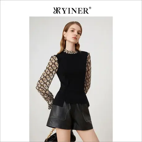 音儿美地女装冬季新款印花泡泡袖拼接真丝羊毛假两件针织衫商品大图