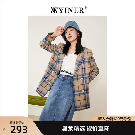 YINER音儿女装2021秋季新款时尚格纹西装领短外套商品大图