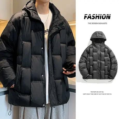 连帽棉服男冬季拼接纯色加厚保暖棉衣潮牌痞帅高级感工装棉袄外套商品大图