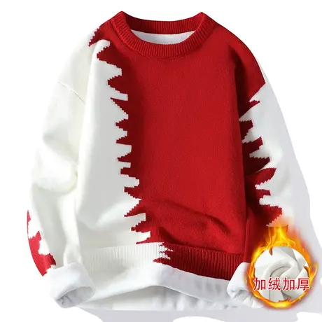 秋冬季加绒加厚圆领毛衣男士撞色打底针织衫青少年学生大童毛线衣商品大图