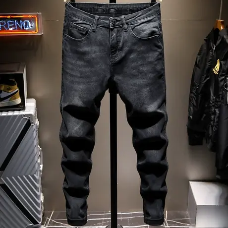 夏季款黑色潮牌牛仔裤男修身小脚男士休闲长裤子男生高端百搭弹力商品大图