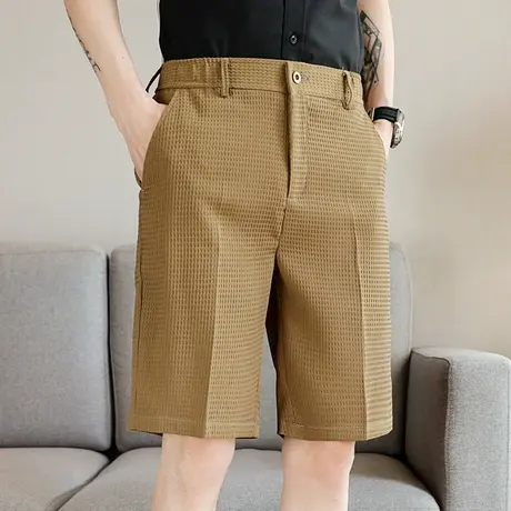 高级感华夫格西装短裤男士直筒五分裤子夏季薄款痞帅休闲百搭中裤图片