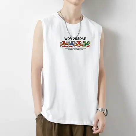 夏季男士背心纯棉宽松运动坎肩健身跨栏篮球外穿国潮全棉无袖t恤商品大图