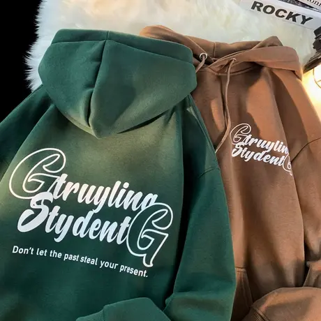 美式复古连帽卫衣男士春秋季宽松重磅长袖打底衫潮牌字母休闲外套商品大图