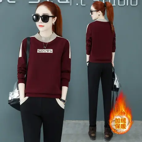 加绒运动套装女圆领2021秋冬季新款洋气宽松加厚卫衣休闲服两件套商品大图