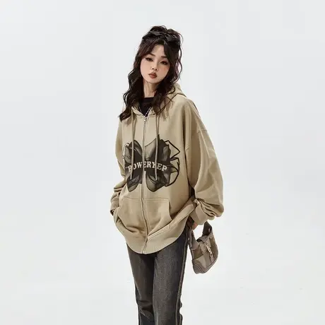 YEP蝴蝶印花连帽卫衣女春秋2024年新款美式复古宽松开衫外套图片