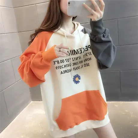 2023年秋季新款网红中长款连帽卫衣女宽松韩版慵懒风百搭印花外套商品大图