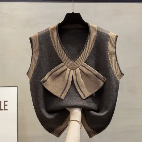 v领针织马甲背心女2023秋装新款宽松外穿马夹叠穿蝴蝶结毛衣坎肩图片