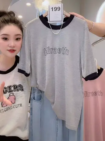 简约高级感t恤女2023夏装新款软糯亲肤纯色套头圆领百搭拼色上衣商品大图