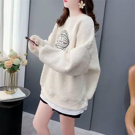 羊羔毛加绒加厚卫衣女秋冬新款宽松韩版假两件百搭刺绣上衣外套潮商品大图