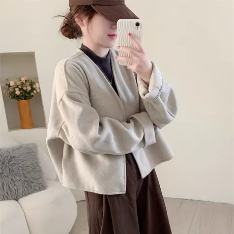 美拉德极简V领双面呢外套女秋季2023年新款韩版宽松chic百搭上衣图片