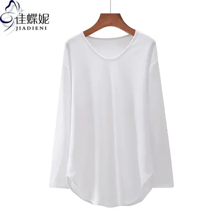 春季新款韩版圆领纯白宽松白色中长款燕尾摆长袖体恤上衣女打底衫商品大图